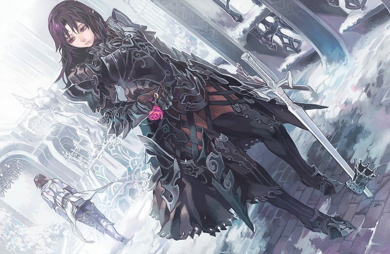 Female Warrior in Armor — Black, Dramatic, Digital Art, Sword, Rose
