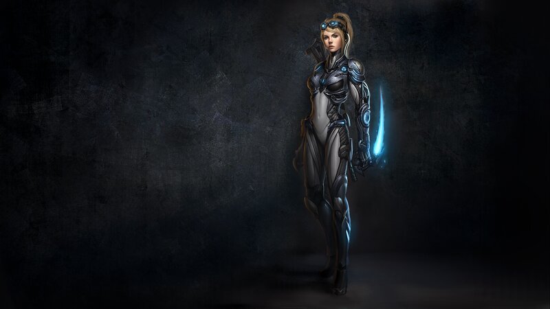 Female Warrior in Armor — Black, Dramatic, Night, Digital Art, Glowing Sword, Goggles