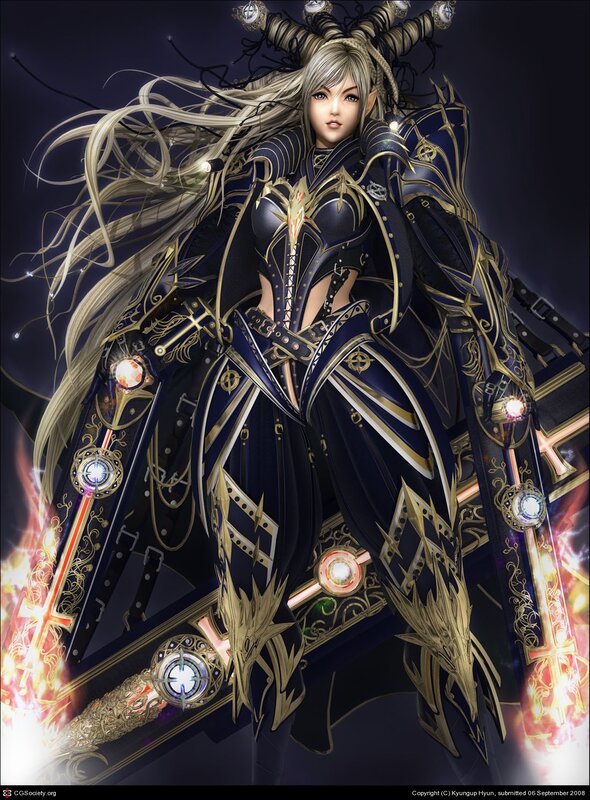 Female Warrior in Armor — Black, Dramatic, Night, Digital Art, Long Hair, Swords