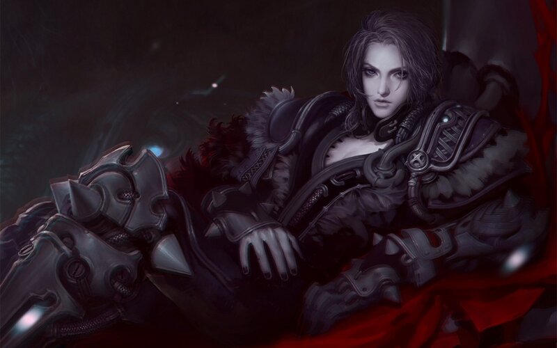 Female Warrior in Armor — Black, Dramatic, Night, Digital Art, Red Cloth