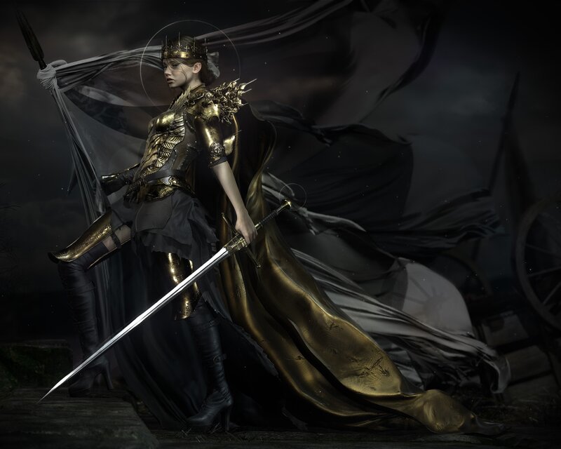 Female Warrior in Armor — Black, Dramatic, Night, Digital Art, Sword, Crown