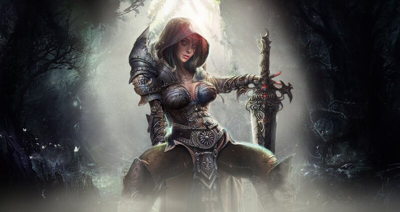 Female Warrior in Armor — Black, Dramatic, Night, Digital Art, Sword, Forest