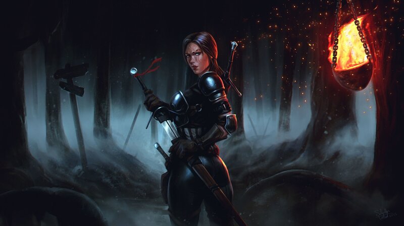 Female Warrior in Armor — Black, Dramatic, Night, Digital Art, Sword, Lantern