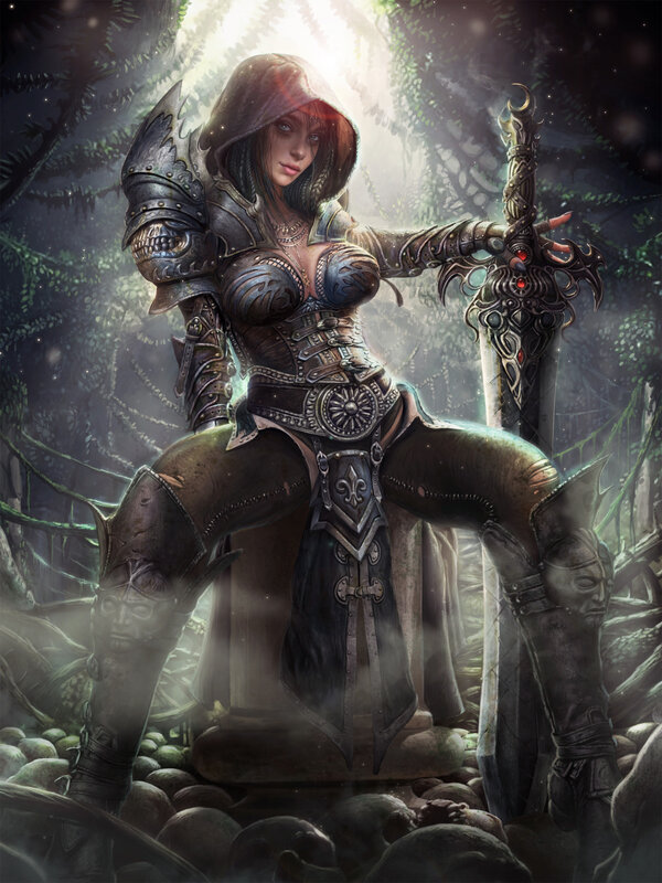 Female Warrior in Armor — Black, Dramatic, Night, Digital Art, Sword, Skulls