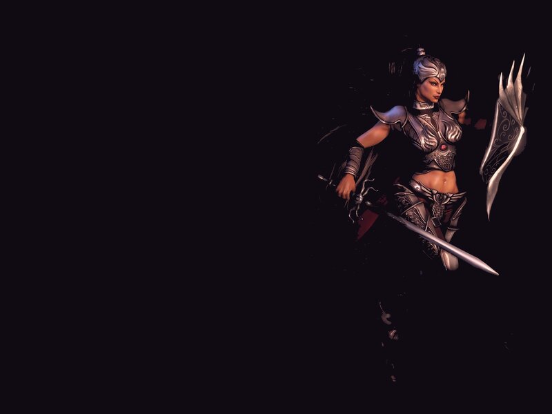 Female Warrior in Armor — Black, Dramatic, Night, Digital Art, Sword