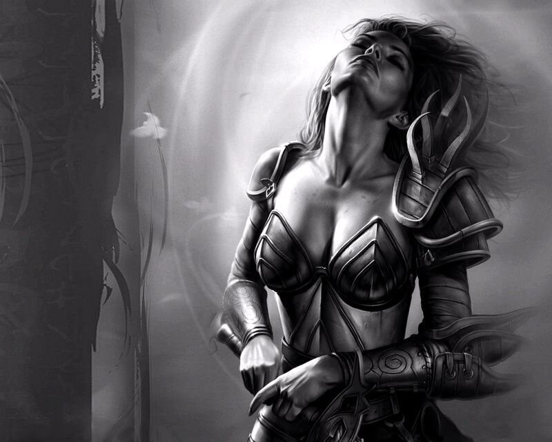 Female Warrior in Armor — Black, Dramatic