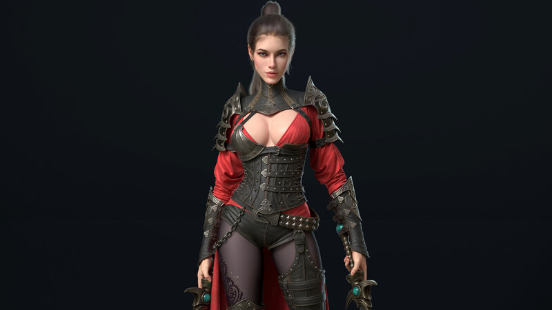 Female Warrior in Armor — Black, Serious