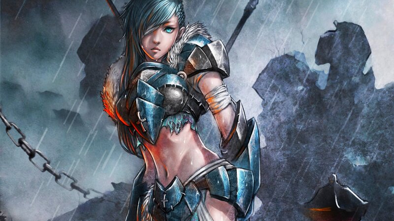 Female Warrior in Armor — Blue, Dramatic, Digital Art, Rain, Chain