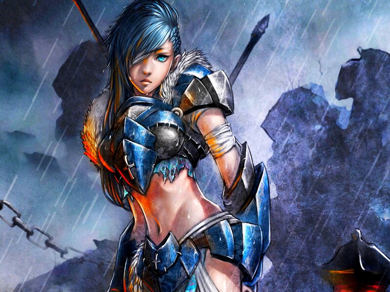 Female Warrior in Armor — Blue, Dramatic, Digital Art, Rain