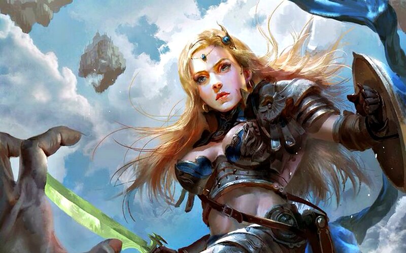 Female Warrior in Armor — Blue, Dramatic, Digital Art, Sword, Shield