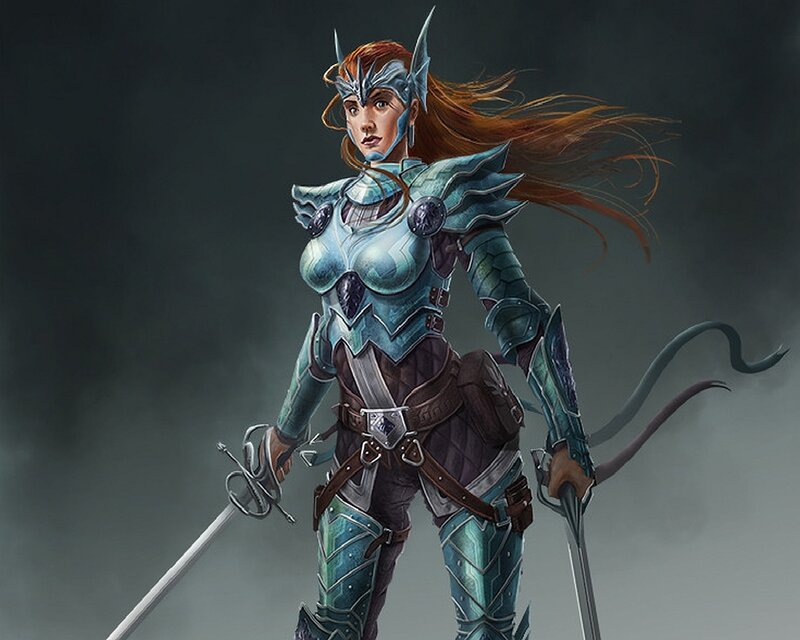 Female Warrior in Armor — Blue, Dramatic, Digital Art, Sword