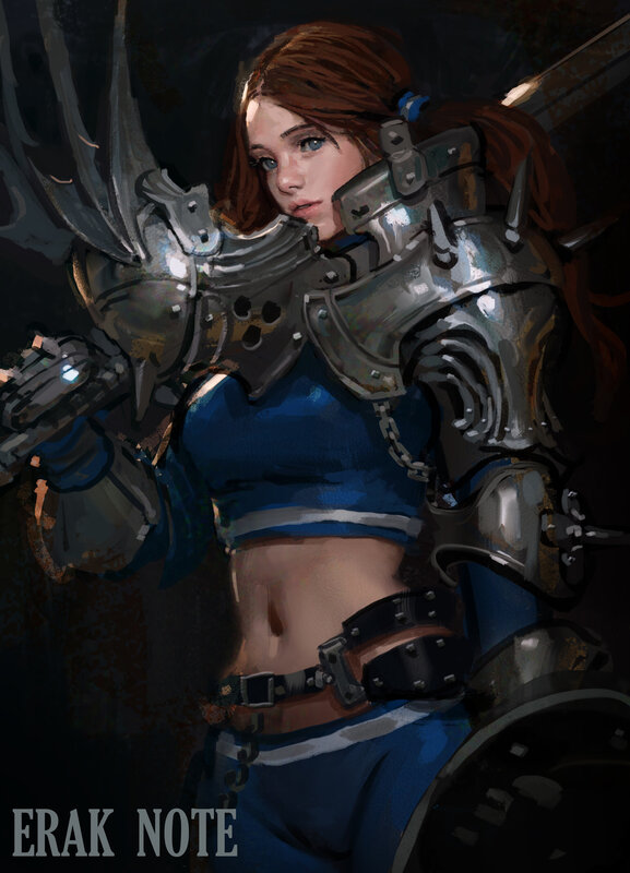 Female Warrior in Armor — Blue, Dramatic, Night, Digital Art, Blue Top