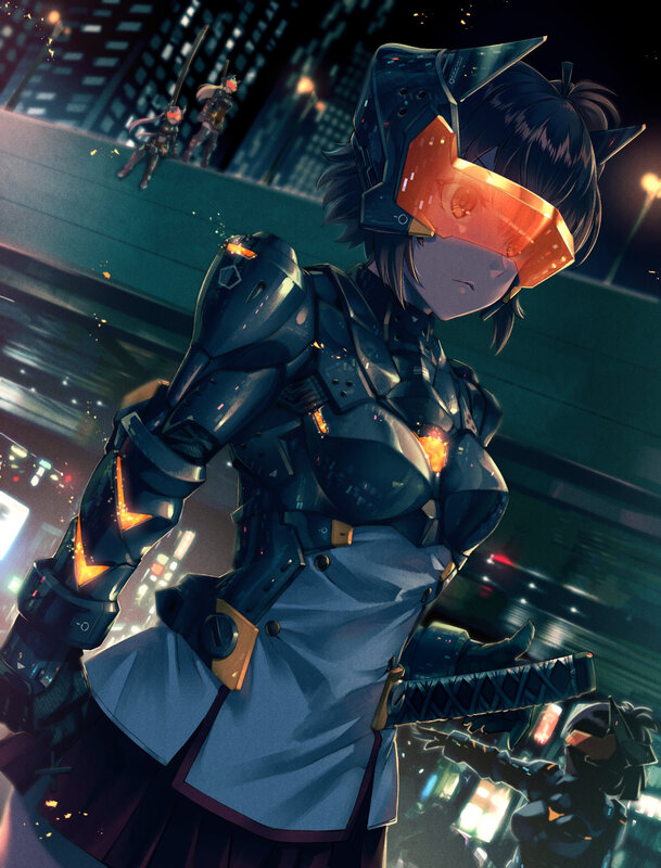 Female Warrior in Armor — Blue, Dramatic, Night, Digital Art, Cityscape