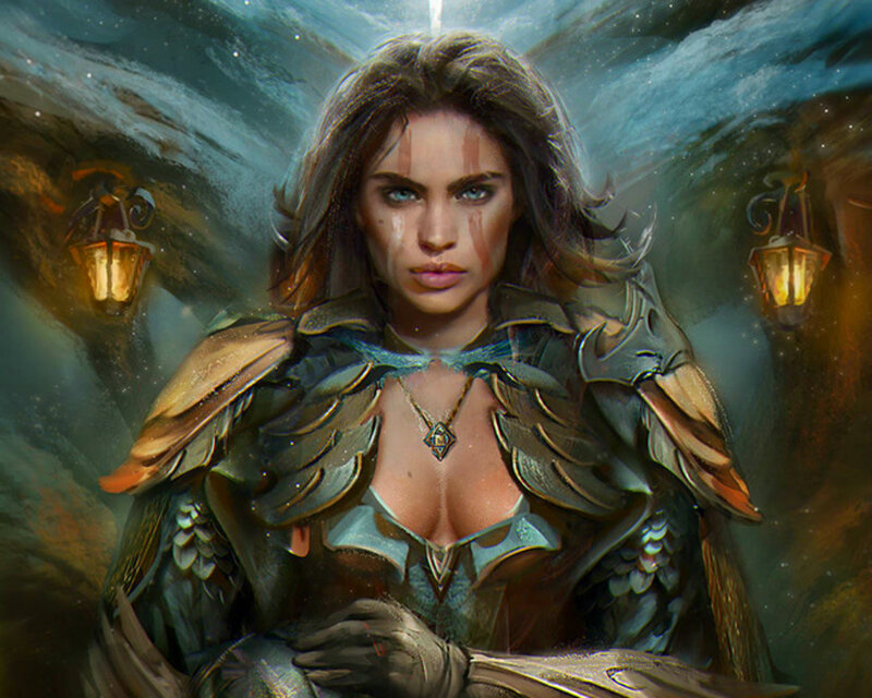 Female Warrior in Armor — Blue, Dramatic, Night, Digital Art, Lanterns