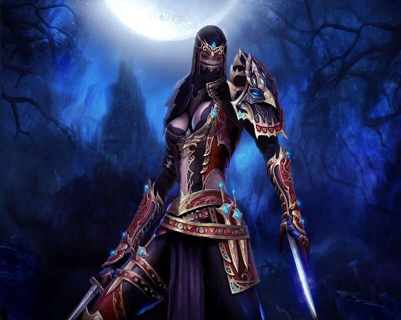 Female Warrior in Armor — Blue, Dramatic, Night, Digital Art, Moon