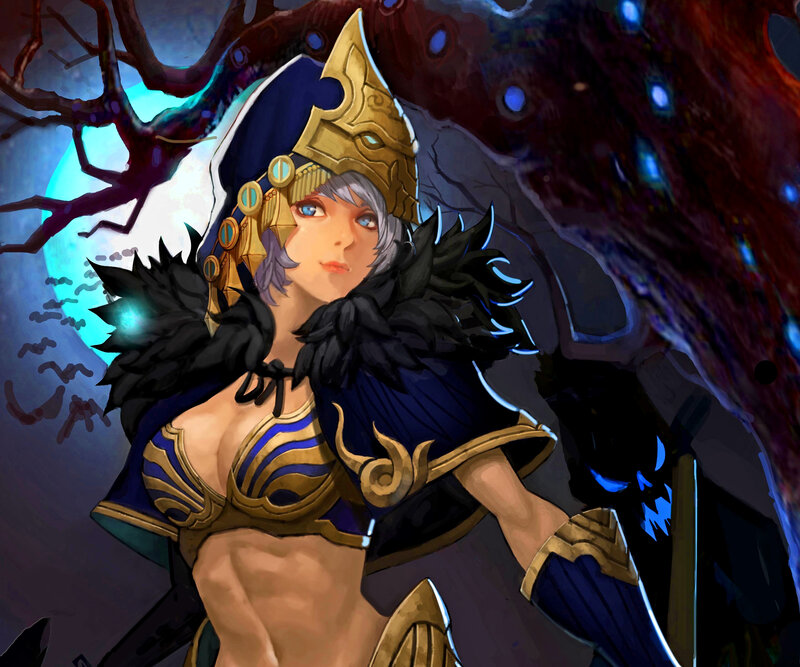 Female Warrior in Armor — Blue, Dramatic, Night, Digital Art, Moon, Tree