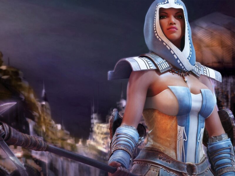 Female Warrior in Armor — Blue, Dramatic, Night, Digital Art, Sword, Cityscape, Hood