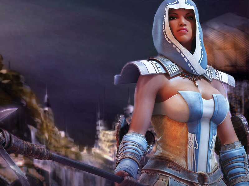 Female Warrior in Armor — Blue, Dramatic, Night, Digital Art, Sword, Cityscape