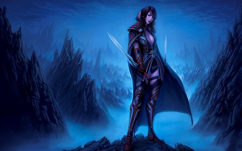 Female Warrior in Armor — Blue, Dramatic, Night, Digital Art, Sword