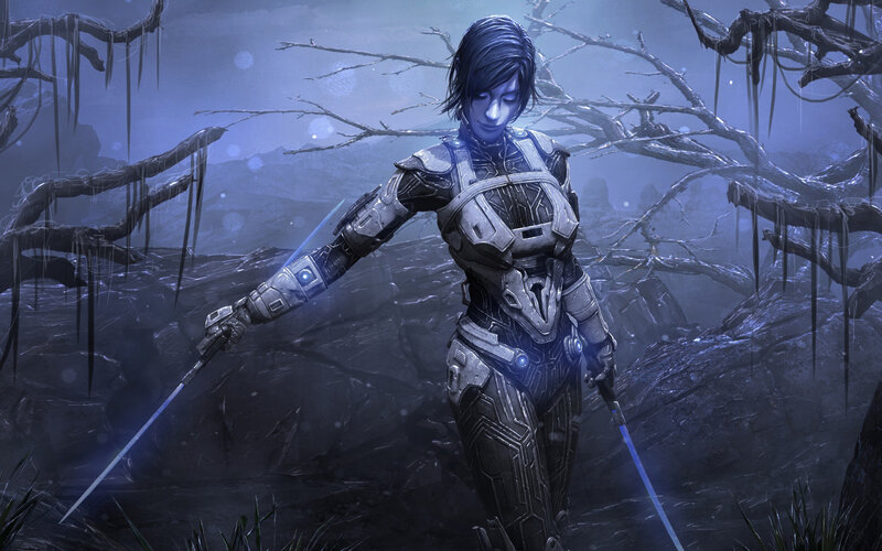 Female Warrior in Armor — Blue, Dramatic, Night, Digital Art, Swords, Branches, Forest