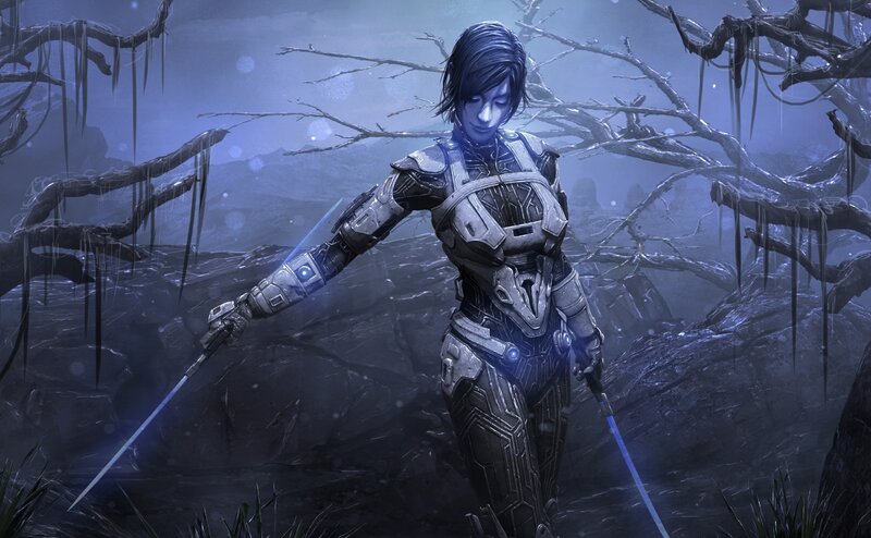 Female Warrior in Armor — Blue, Dramatic, Night, Digital Art, Swords, Branches