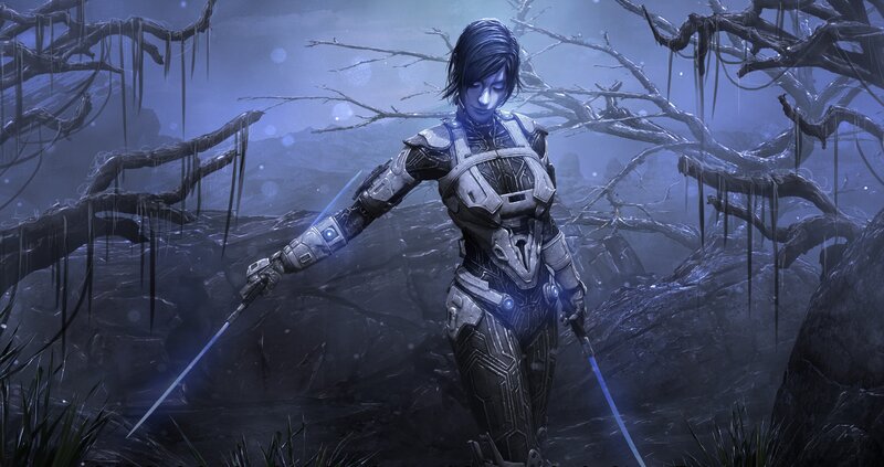 Female Warrior in Armor — Blue, Dramatic, Night, Digital Art, Swords
