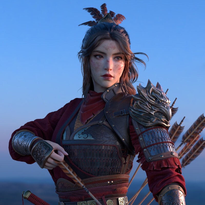 Female Warrior in Armor — Blue, Dramatic, Sunset