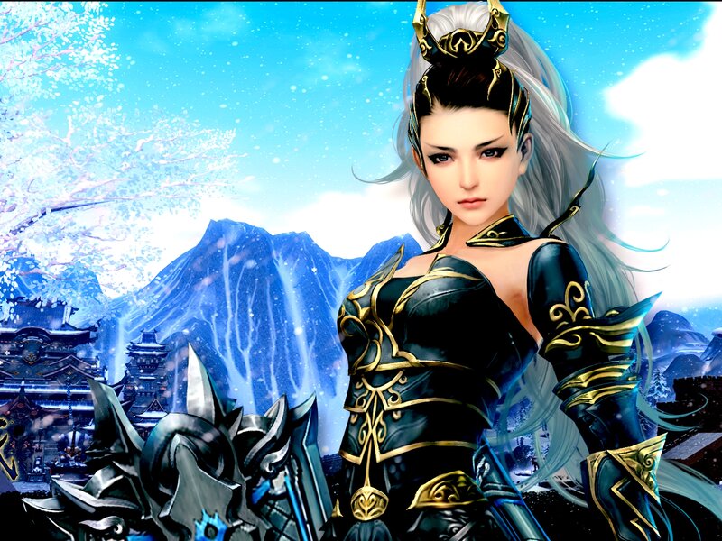 Female Warrior in Armor — Blue, Dramatic, Winter, Digital Art, Mountains