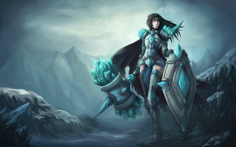 Female Warrior in Armor — Blue, Dramatic, Winter, Digital Art, Shield