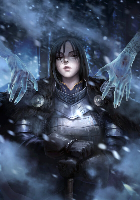 Female Warrior in Armor — Blue, Dramatic, Winter, Digital Art, Snow