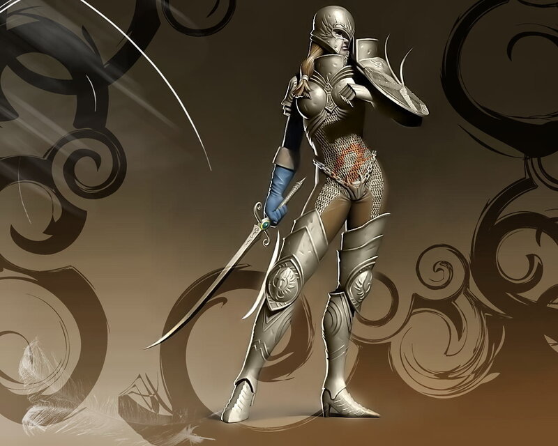 Female Warrior in Armor — Brown, Dramatic, 3d Render, Sword