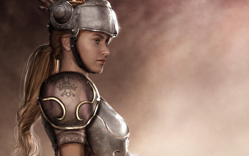 Female Warrior in Armor — Brown, Dramatic, Digital Art, Helmet