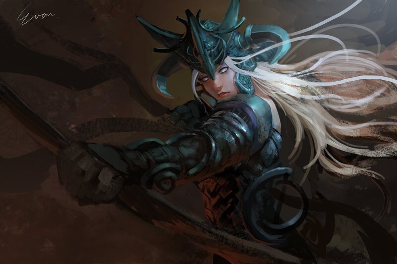 Female Warrior in Armor — Brown, Dramatic, Digital Art, Sword, Helmet