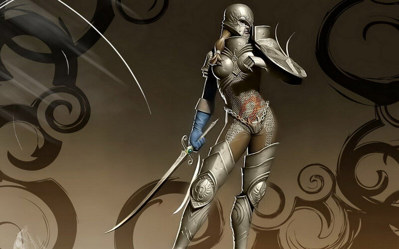 Female Warrior in Armor — Brown, Dramatic, Digital Art, Sword