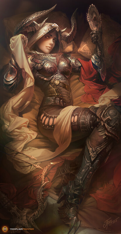 Female Warrior in Armor — Brown, Dramatic, Digital Art, Weapon, Cloth