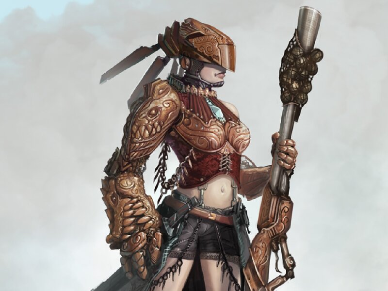 Female Warrior in Armor — Brown, Dramatic, Digital Art, Weapon, Helmet