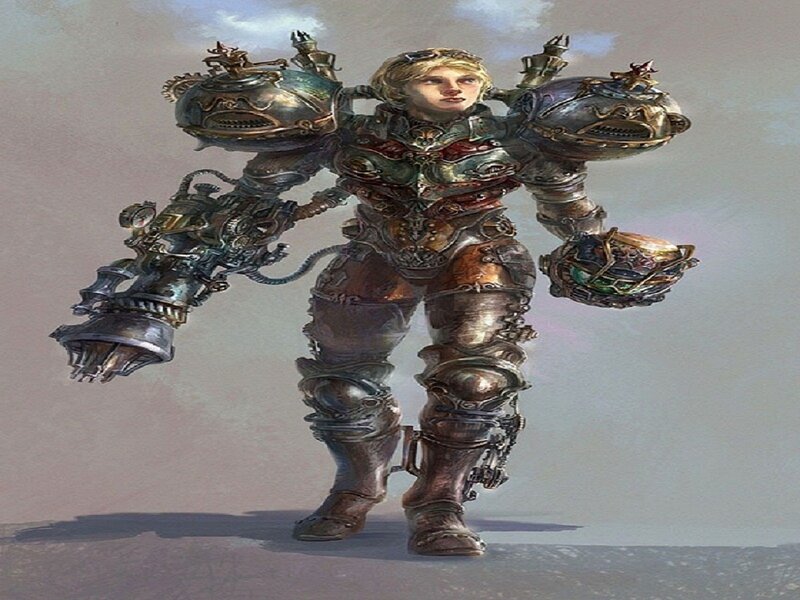 Female Warrior in Armor — Brown, Dramatic, Digital Art, Weapon
