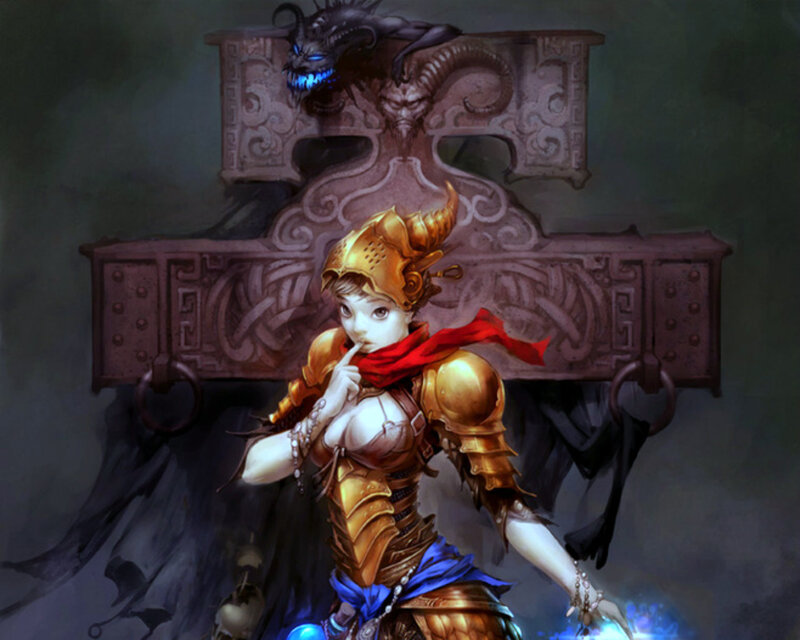 Female Warrior in Armor — Gold, Dramatic, Digital Art, Dragon
