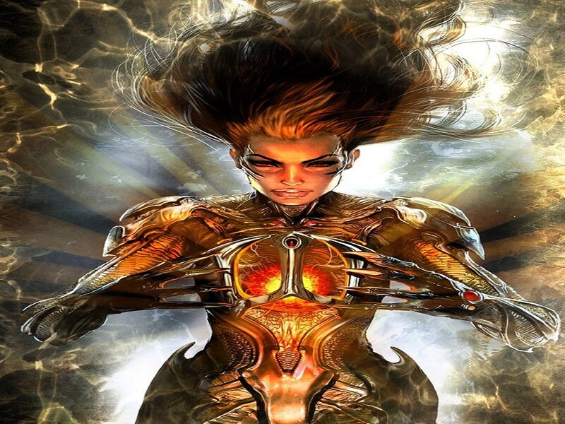 Female Warrior in Armor — Gold, Dramatic, Digital Art, Glowing Chest