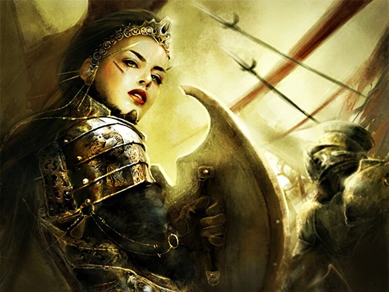 Female Warrior in Armor — Gold, Dramatic, Digital Art, Shield
