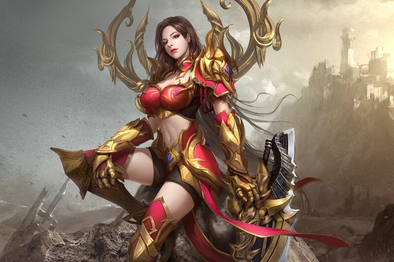 Female Warrior in Armor — Gold, Dramatic, Digital Art, Sword, Castle
