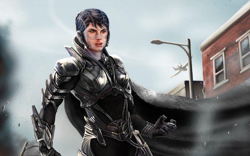 Female Warrior in Armor — Gray, Dramatic, Digital Art, Airplane