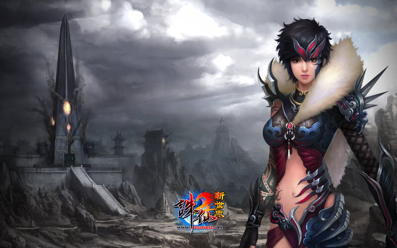 Female Warrior in Armor — Gray, Dramatic, Digital Art, Ancient Tower