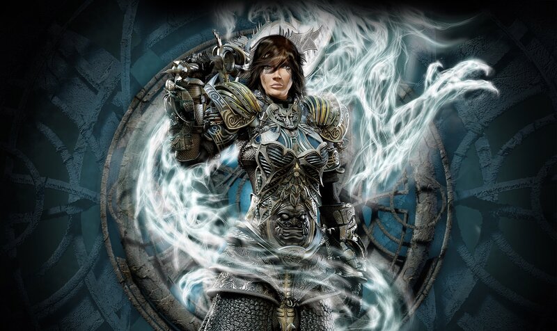Female Warrior in Armor — Gray, Dramatic, Digital Art, Energy, Circular Pattern