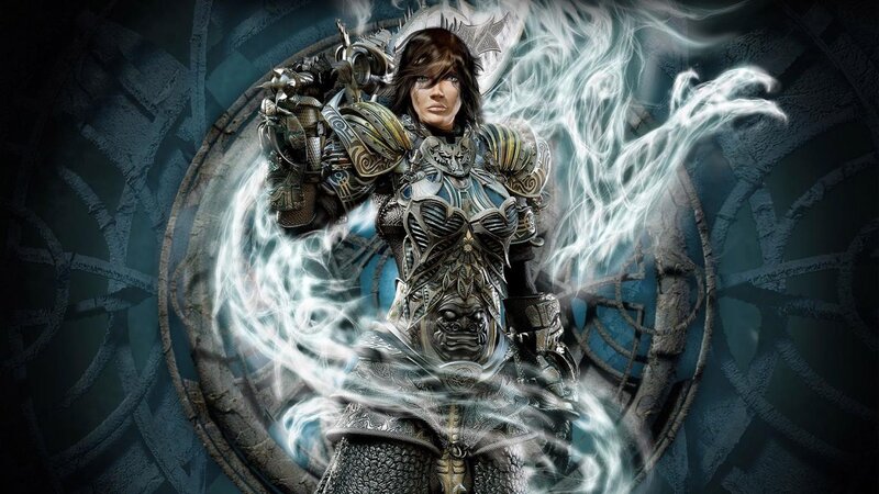 Female Warrior in Armor — Gray, Dramatic, Digital Art, Energy, Circular Structure