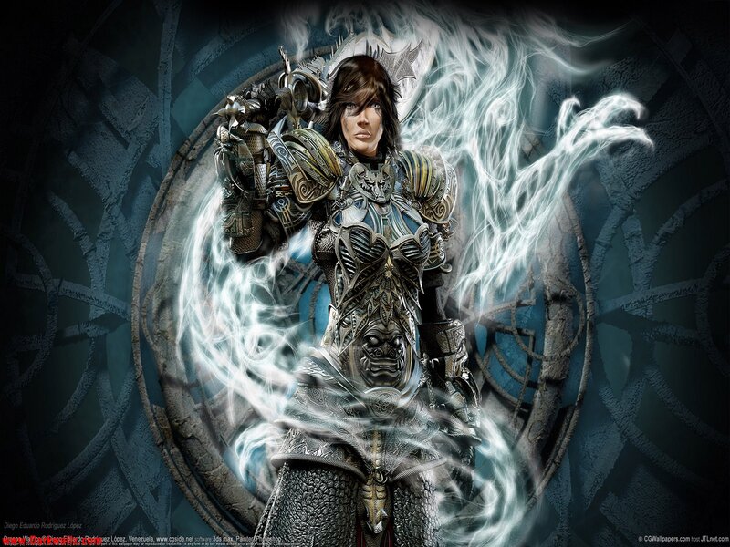 Female Warrior in Armor — Gray, Dramatic, Digital Art, Energy, Shield