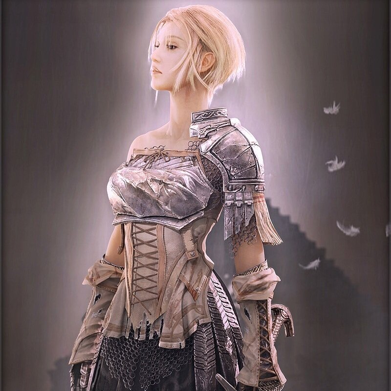 Female Warrior in Armor — Gray, Dramatic, Digital Art, Feathers