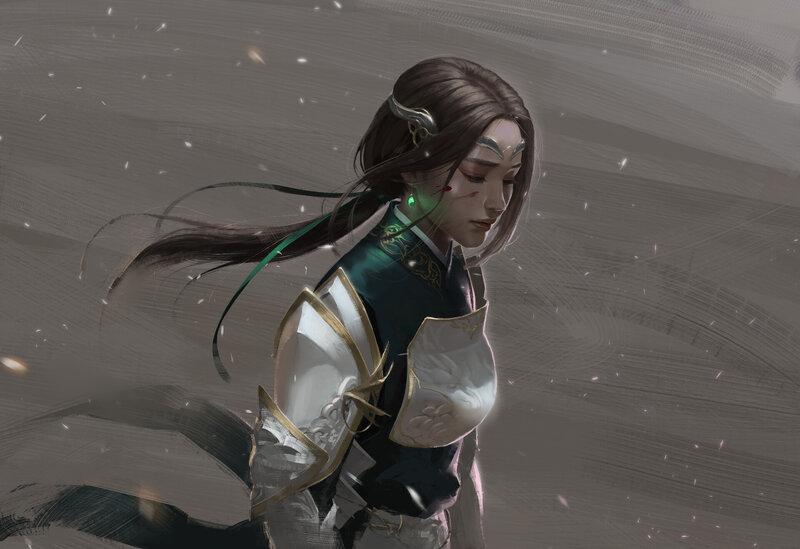 Female Warrior in Armor — Gray, Dramatic, Digital Art, Hair