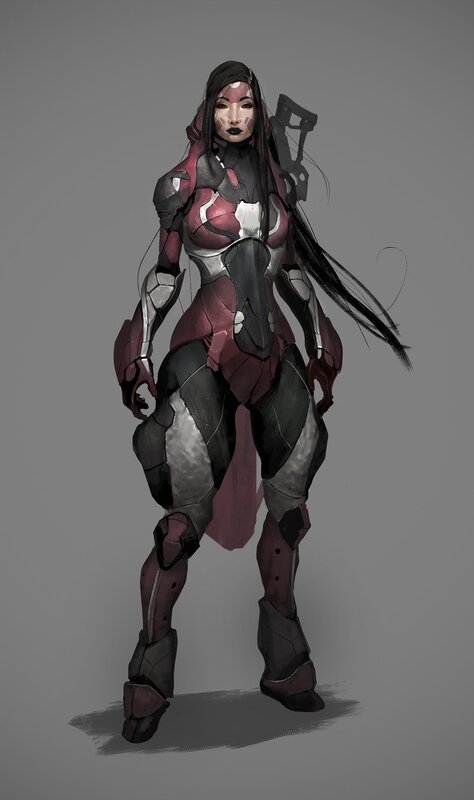 Female Warrior in Armor — Gray, Dramatic, Digital Art, Long Hair