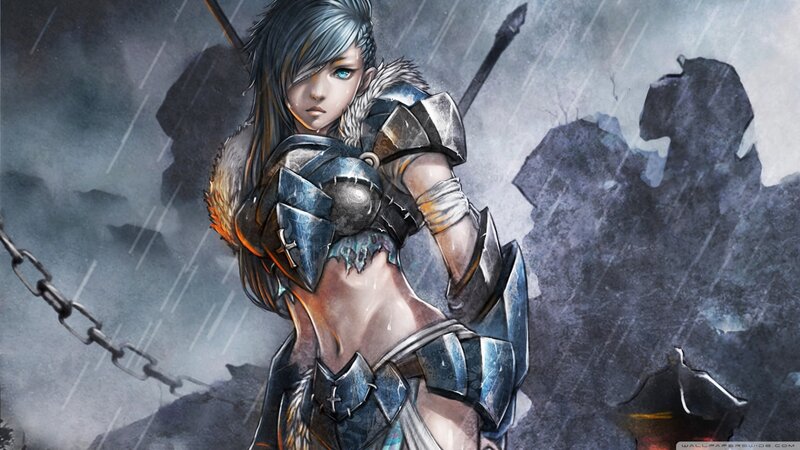 Female Warrior in Armor — Gray, Dramatic, Digital Art, Rain
